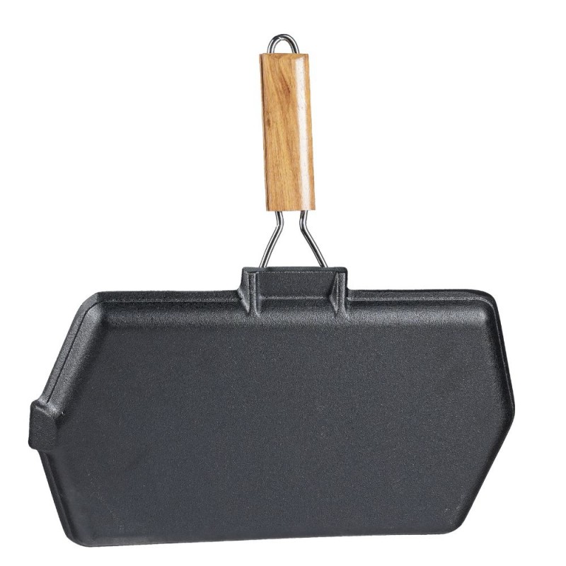 Gjutjärnspanna grill med fällbart handtag i trä, 35x21 cm | Gjutjärnspanna grill | Gjutjärnspanna |